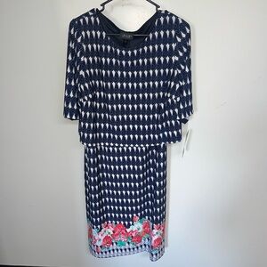 JSP Navy and White Patterned Women's Dress with Floral Hem
